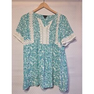 Intro L Teal Floral Lace Trim Boho Blouse 100% Rayon Short Sleeve Tunic